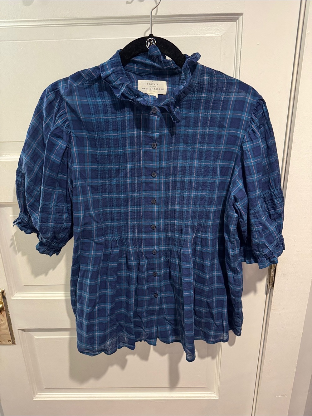 Trovata Blue Plaid Ruffle-Collar Button Front Blouse